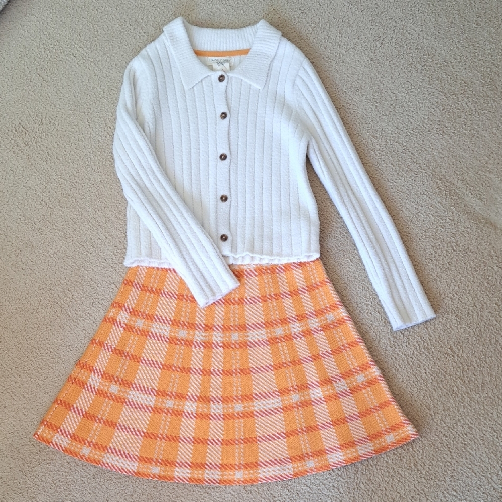 Kids' Chic Ribbed Cardigan and Plaid Skirt Set